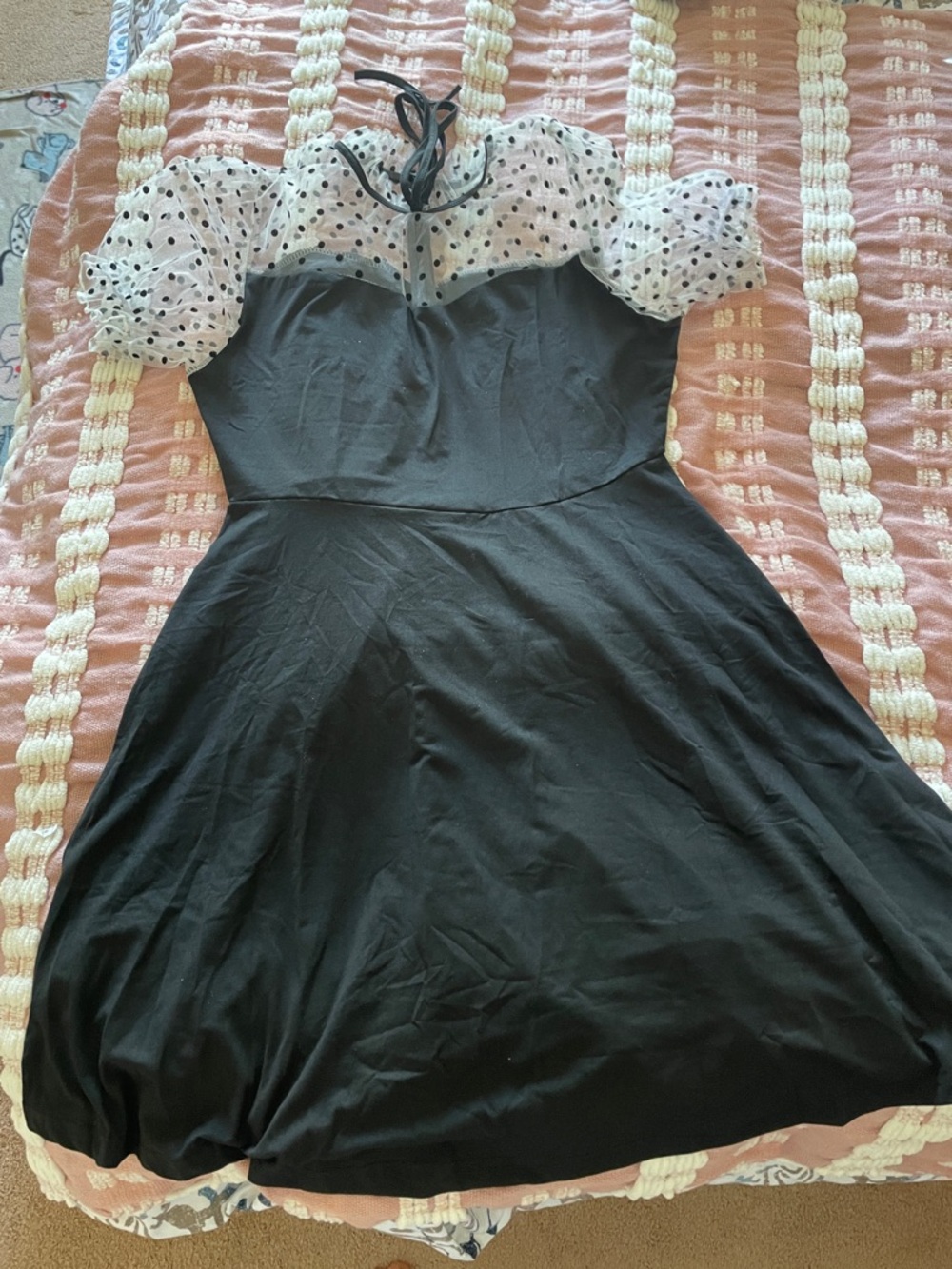 Black Dress with White Polka Dot Mesh Puff Sleeves